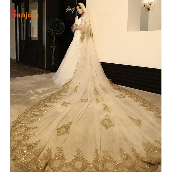 

bridal veils one layer long cathedral church wedding champagne with lace appliques edge velo de novia encaje v145, Black