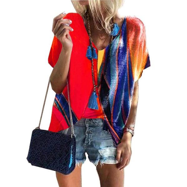 

women's t-shirt summer printed short-sleeved loose hedging v-neck casual streetwear t shirts outdoor ladies clothing, White