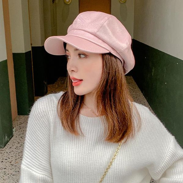 

stingy brim hats latest autumn and winter glitter octagonal hat monochrome korean version short eaves berets for women vintage cap fashion, Blue;gray