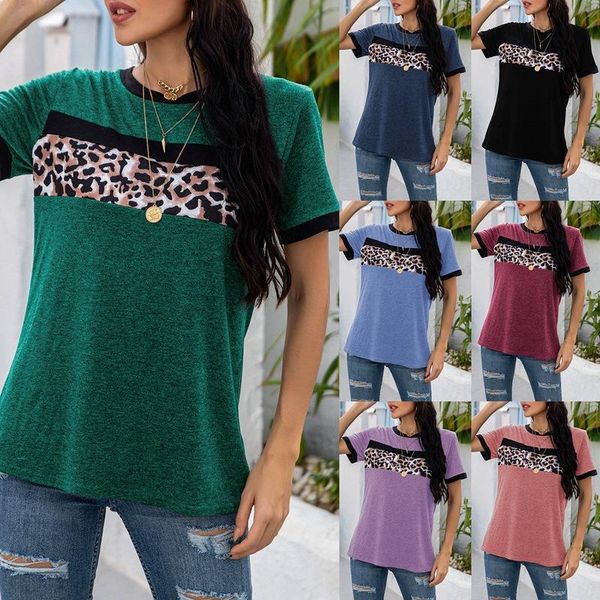 

loose t-shirts women jumpers short sleeve casual pullover o-neck leopard patchwork tee shirt women's t-shirt, White