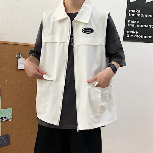 

men's vests retro tooling vest jacket boys korean summer casual fashion loose student sleeveless waistcoat solid color top, Black;white