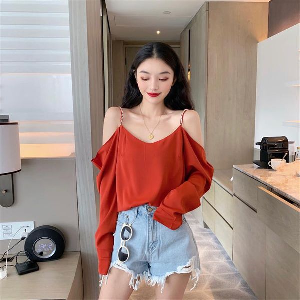 

women's blouses & shirts blusas mujer de moda chic spaghetti strap chiffon diamonds solid v-neck clothing and style spring, White
