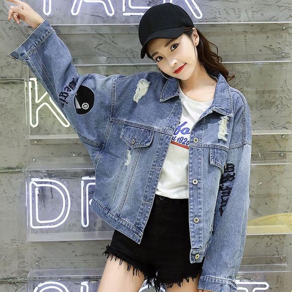 

women's jackets 2021 spring autumn denim jacket women korean fashion casual loose jeans-jackets pure color bf style embroidered coat, Black;brown