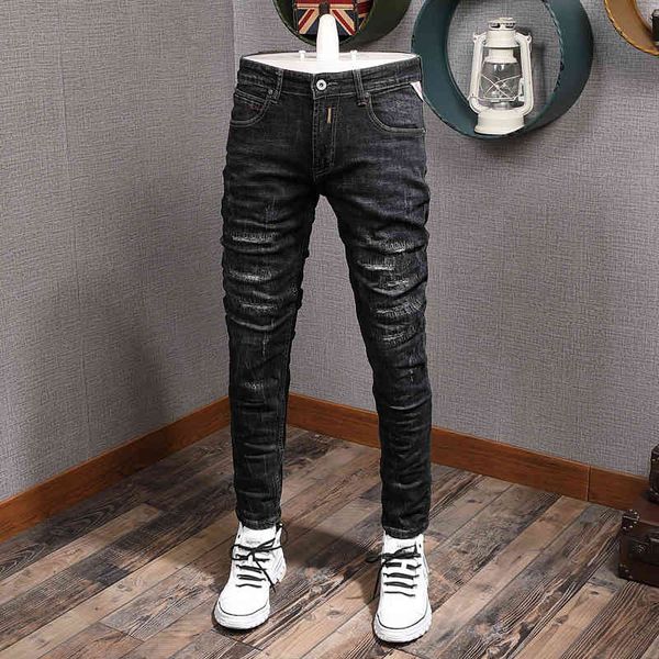 

jeans fashion streetwear black slim fit elastic ripped men destroyed denim pants embroidery designer hip hop jeans, Blue