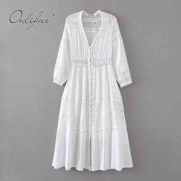 Verano Boho Maxi Vestidos para mujer Manga Sundress Sexy White Lace Long Túnica Vestido de playa 210415