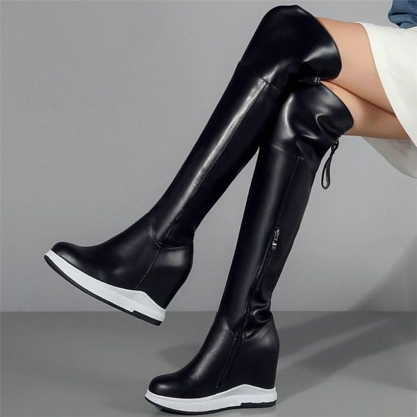 

women genuine leather wedges high heel thigh boots female warm fleeces round toe fashion sneakers platform oxfords shoes, Black