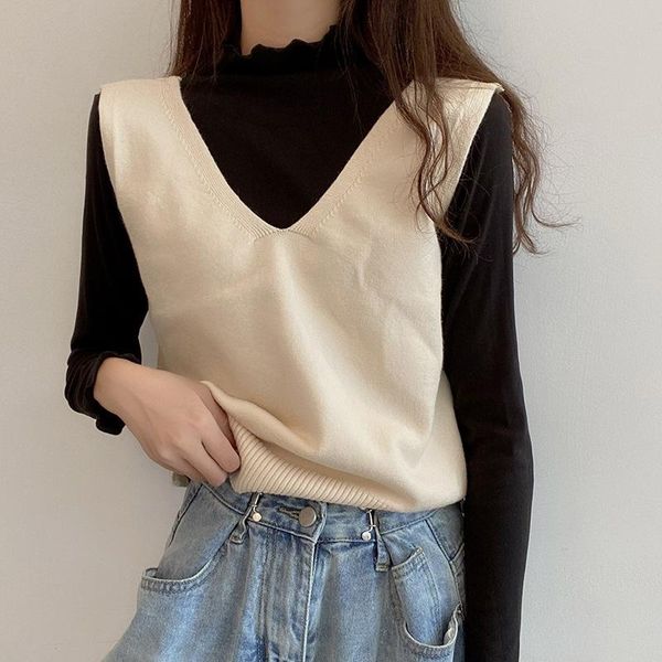 

women's tanks & camis korean v neck solid color casual loose sleeveless knitted sweater vest, White