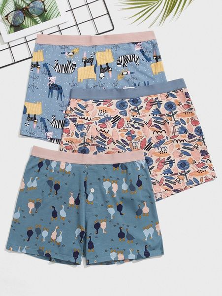 

men 3pcs random cartoon graphic contrast tape boxer brief m0t5#, Black;brown