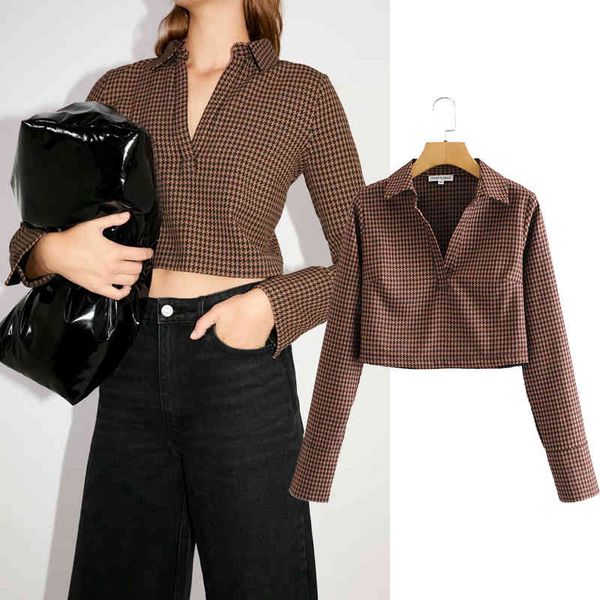 

women's blouses & shirts new fashion women houndstooth print short chiffon shirt turn-down collar long sleeve casual loose 8r, White