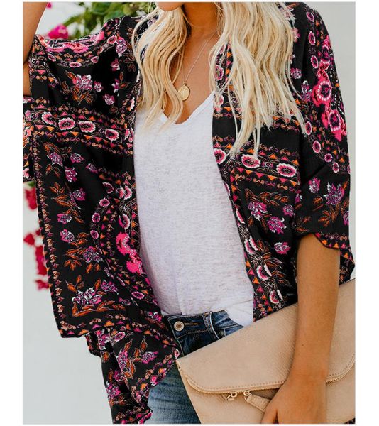 

running jackets european and american beach coat women's middle length cardigan long sleeve printed kimono cover up thin sunscreen, Black;red