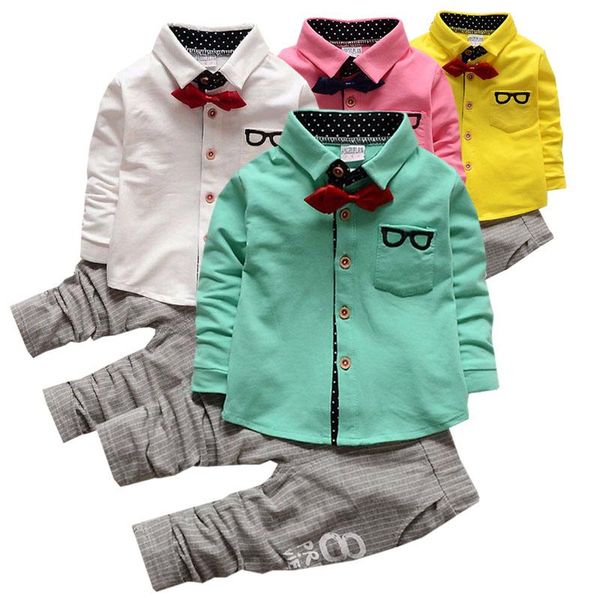 

clothing sets boy clothes gentleman baby two-piece cartoon print shirt pants bow tie accessories wedding child man quality 2021, White