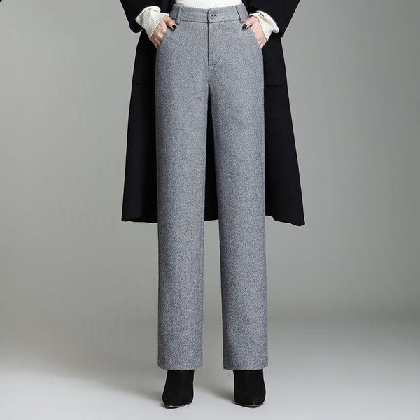 

women autumn winter woolen knitted trousers female solid high waist wide leg pants lady casual loose straight h83 women's & capris, Black;white