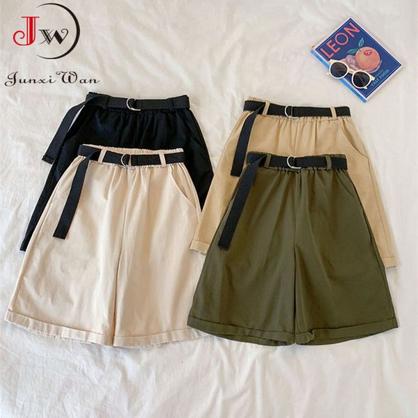 

women casual korean solid loose cotton wide leg shorts with belt summer elegant high waist knee-length cargo pants 210510, White;black