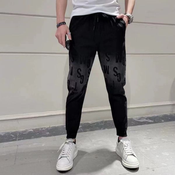 

men's pants summer fashion brand personalized slim elastic trend gradient printing casual for men, Black