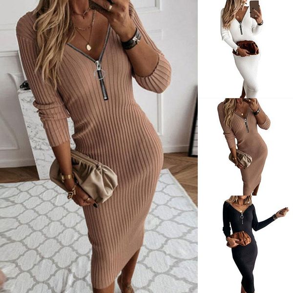 

women casual half-zip long sleeve knitted rib bodycon dress 2021 ladies slim mini dresses knitwear winter elegant party, Black;gray