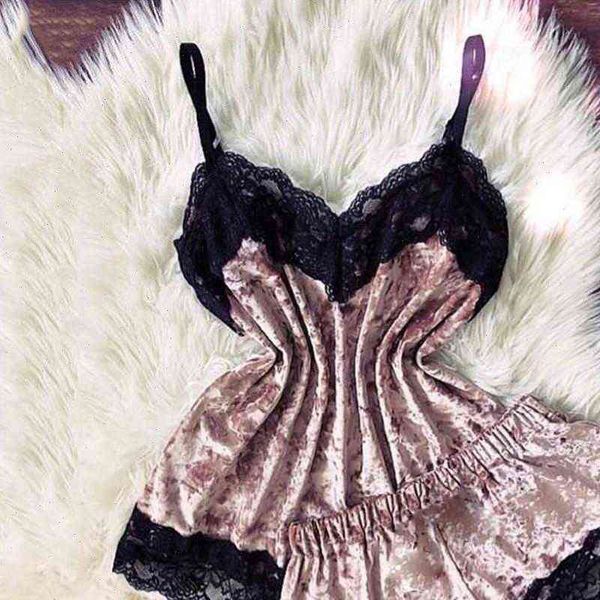 

lingerie camisole lace bow women sleepwear shorts v neck velvet monster pajamas set woman outfit, Black;red