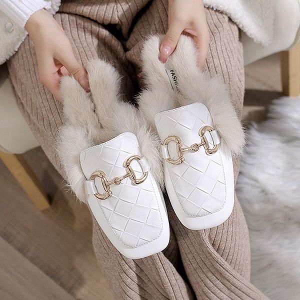 

style fishio lazy shoes furry slippers women wear autumn and winter muller flat fur baotou half, Black