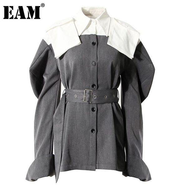 

[eam] loose fit gray shaped bandage jacket lapel long lantern sleeve women coat fashion tide autumn winter 2021 1dd3507 women's jackets, Black;brown
