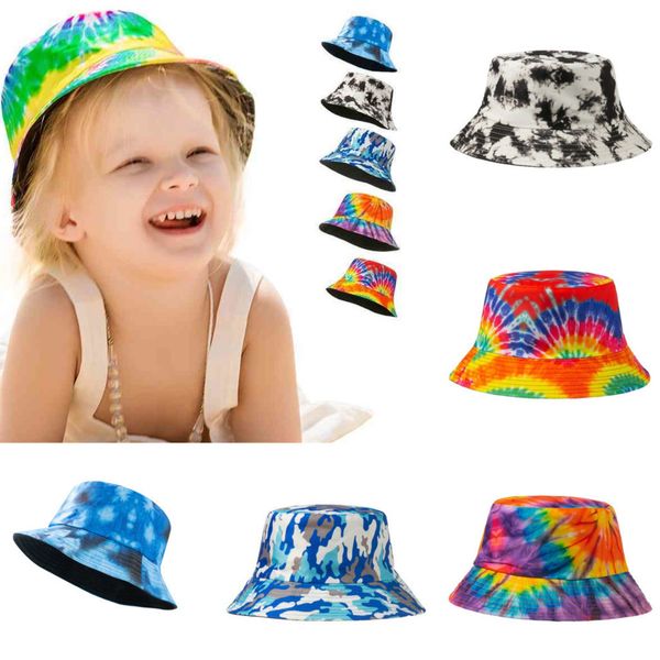 

kids summer designers hat tie dye bucket fisherman hats boys girls rainbow color snapback ball caps beach sports visor for outdoor biking g3, Yellow