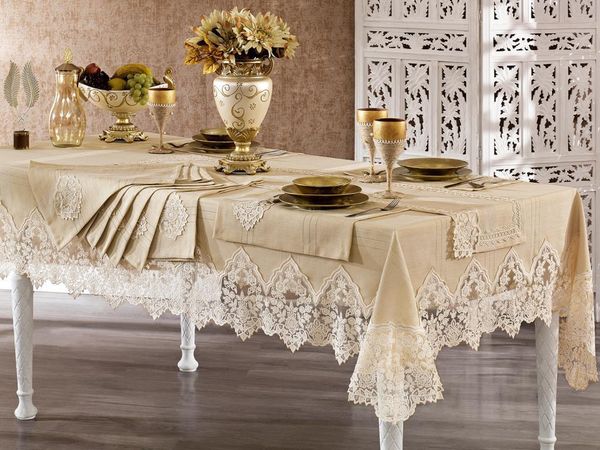 

french laced spike linen a. serviced table cover set 14 piece cloth