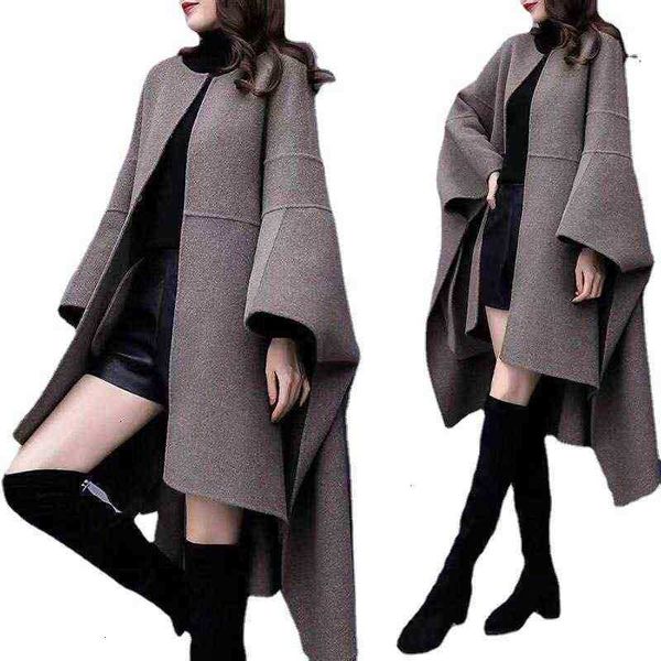 

2021 autumn and winter large women's clothing korean loose woolen coat medium long over knee cloak, Black