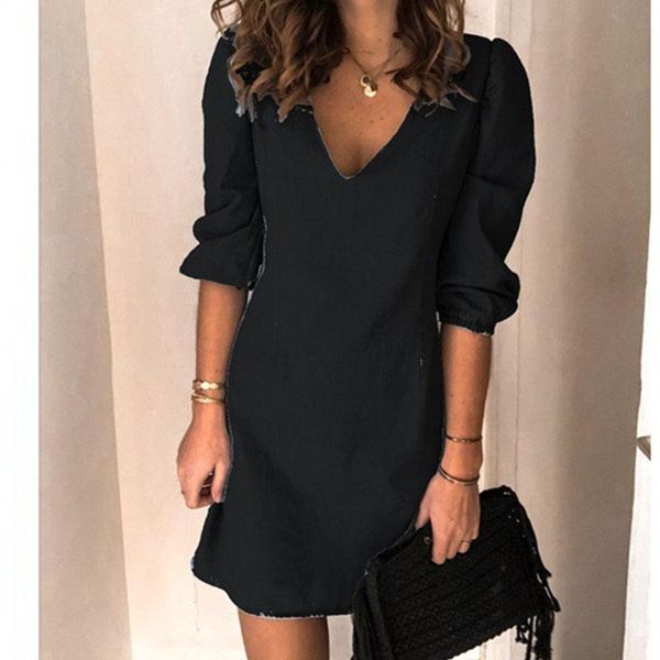 

casual dresses denim dress 2021 summer fashion polyester solid color v-neck 3/4 sleeve shirt mini for daily, Black;gray