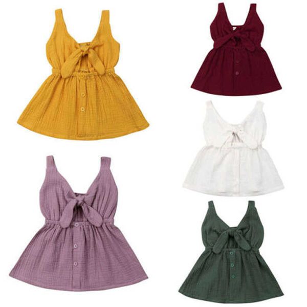 lioritiin 5 cores 0-4years bebê menina vestido de verão sólido arco sem mangas v-pescoço vestido de algodão botão de linho A-line adorável vestidos q0716