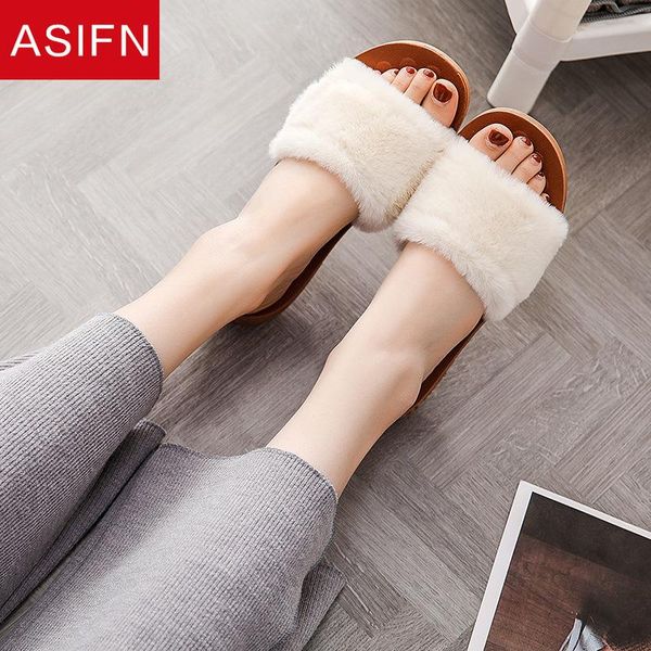 

faus fur slippers women furry slides home flat sandals female cute fluffy house shoes woman drop, Black