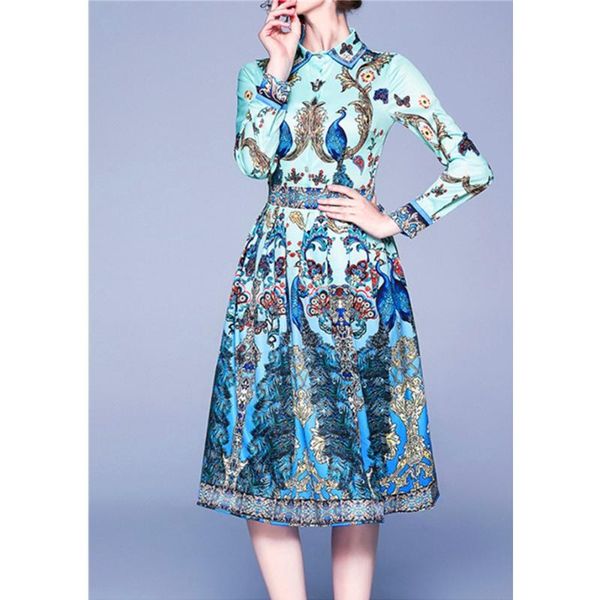 

casual dresses autumn and winter style long-sleeved temperament printed lapel dress for women, Black;gray