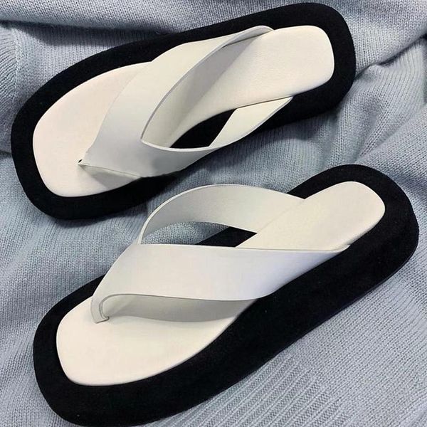 

summer flip flops outdoor slippers women fashion thick bottom sandals flat heel casual vacation beach shoes zapatos mujer, Black