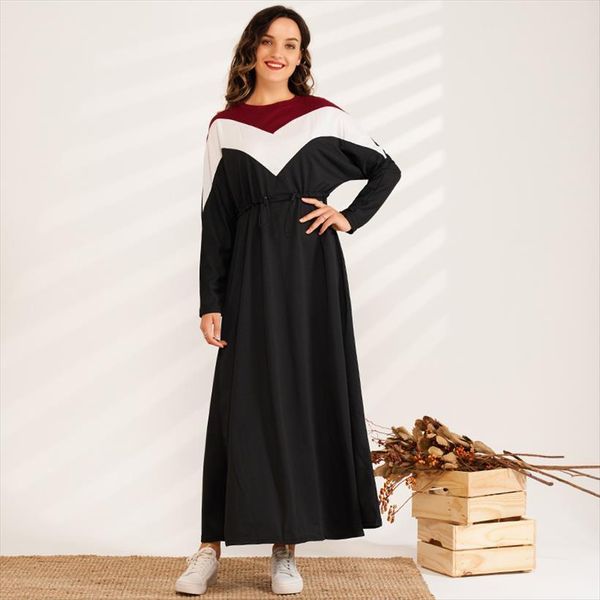 

casual color block drawstring women dress long sleeve maxi loose autumn, Black;gray