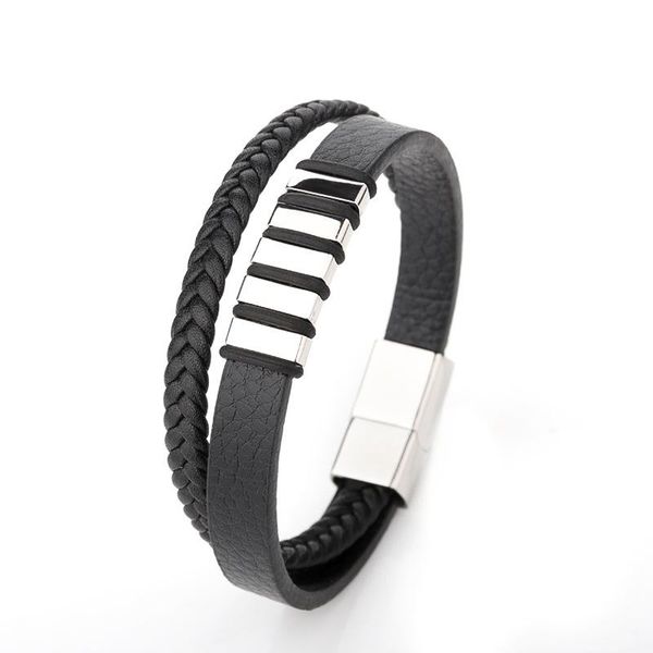 

charm bracelets men's titanium steel leather multilayer braided bracelet magnet buckle square stainless rope bracelet., Golden;silver