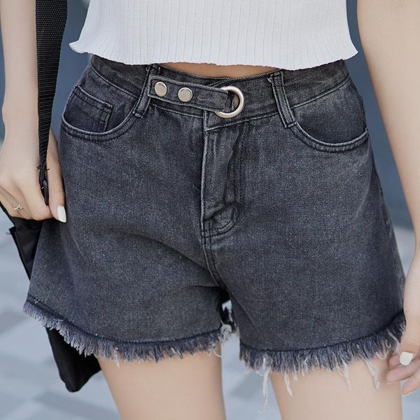 

women's shorts 008 denim summer women chic button fashion fringes vintage distressed washed simple streetwear casual korean short jeans, White;black
