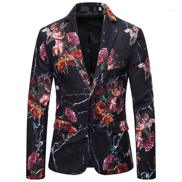 

spring fashion rose print men blazers and jackets single breasted long sleeve floral slim fit men1, White;black