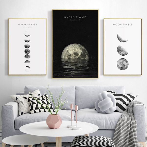 

unframed black and white moon canvas painting lunar eclipse modern minimalist poster
