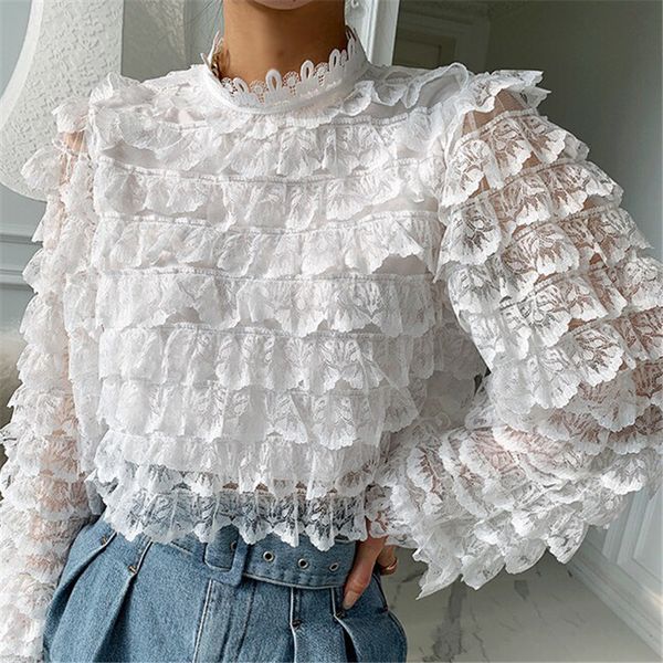 

white lace office lady sweet chic brief korean all match blouses fashion women clothe 210421