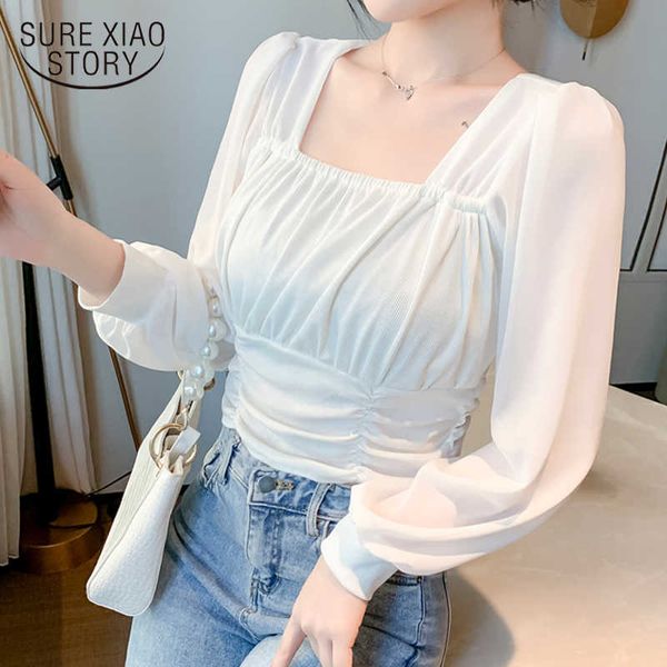 

white office blouse shirt women lantern sleeve ladies tunic blouses women square collar casual shirts pleated 13265 210528