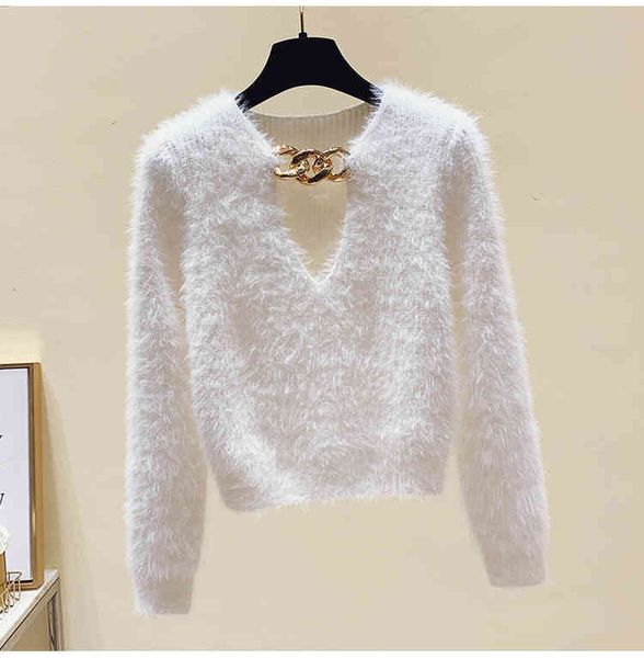 

2021 white and black fall winter knitted mohair stretch women elegant chic hollow out v neck long sleeve bottoming sweater, White;black