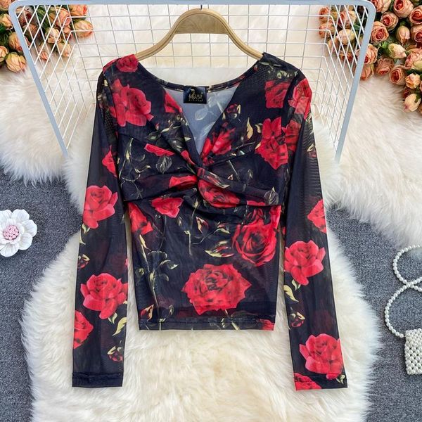 

women's blouses & shirts long sleeve floral print blusas women mesh zebra femme v neck leopard cropped, White