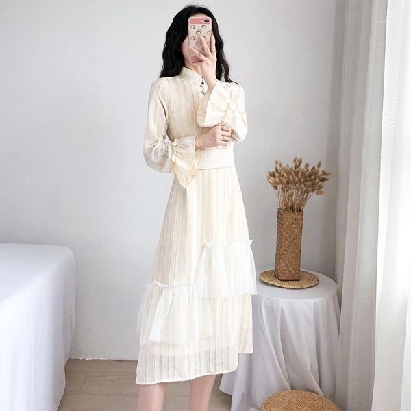 

casual dresses elegant french vintage style dress women mandarin collar flared sleeves long autumn winter plus size party vestidos, Black;gray