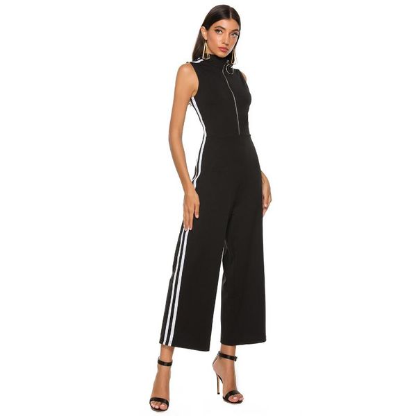 

women's jumpsuits & rompers casual selling sleeveless zipper stripes stitching slim wide leg onesie trousers playsuit bodycon romper, Black;white