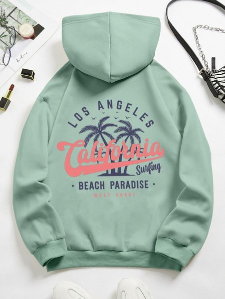 

coconut tree & letter graphic drawstring thermal lined hoodie z9bk#, White;black