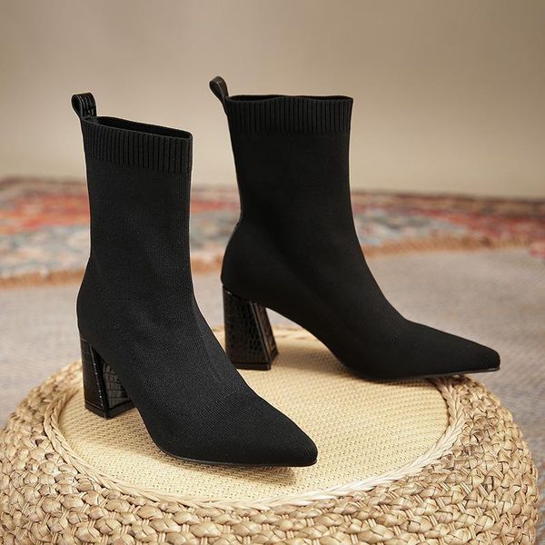 

boots 35-42 big size sock women high heels winter shoes 2021 pointed toe knitting ankle bottine femme stretch yarn elastic botas, Black
