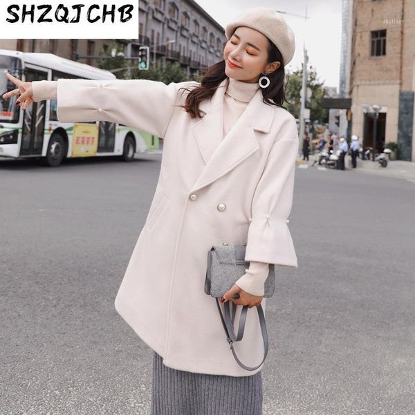 

women's wool & blends jchb 2021 lady regular women long office winter blend coat wide-waisted and jacket double breated outerwear, Black