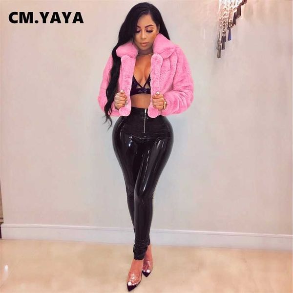 

cm.yaya winter women faux fur solid jackets streetwear fashion long sleeve open stitch slim coats 211123, Black