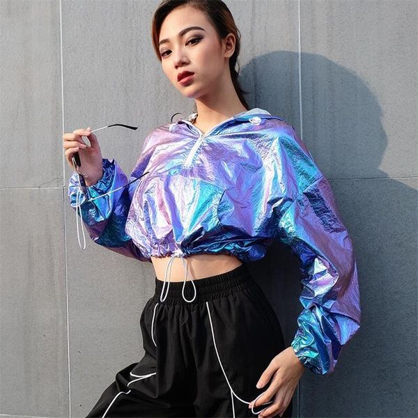 

women's jackets fashion reflective autumn winter hooded short femme coat hip hop streetwear collect waist lady jacket, Black;brown