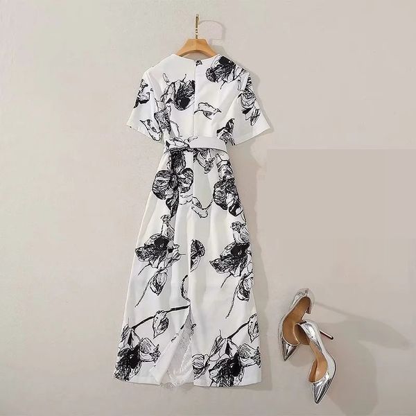 

dress summer fashion style women notched collar color block flower print tulle lace patchwork dress white, Black;gray