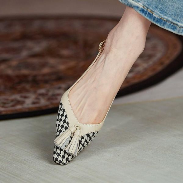 

women sandals summer 2021 real leather square toe female shoes woman tassel medium kitten heels ladies plaid slingback dress, Black
