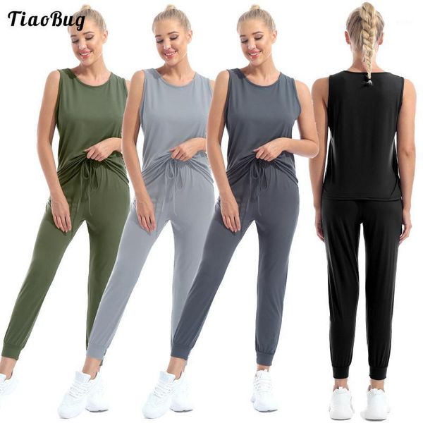 

yoga outfit summer women casual sportswear round neck sleeveless vest slant pockets pants set for running gym sport fitness
