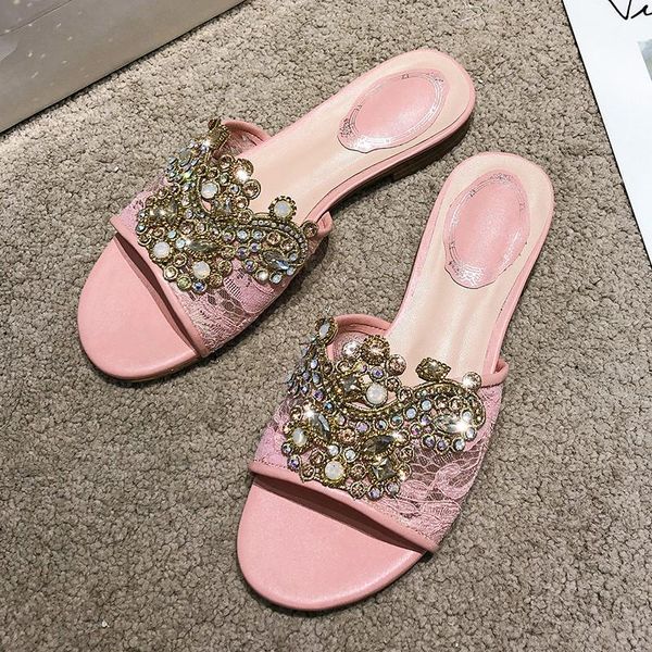 

slippers women shoes summer slides pink lace rhinestone embellished flat sandals 2021 casual beach outside, Black